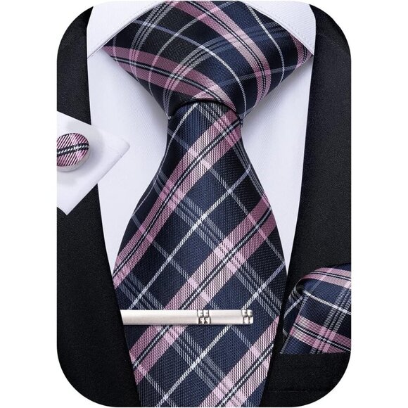 🆕Men Blue Plaid Silk Checkered Necktie Pocket Square Cufflinks Tie Clip Set